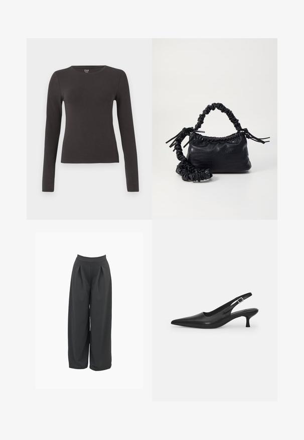 Pitkähihaista tummaa harmaata puuvillapaitaa, jossa on pyöreä kaula-aukko, vartalonmyötäinen muotoilu ja sileä pinta. Ei kuvioita tai huomattavia yksityiskohtia.; Housut leveällä lahkeella tummanharmaana, joissa on korkea vyötärö, etupleatit ja sileä kangastuntuma. Muotoiltu malli, jossa on löysä istuvuus.; Mustan nahkainen slingback-kengät, joissa on terävä nenä ja kapea, kaareva korko. Varustettu huomaamattomalla säädettävällä hihnalla, jossa on metallinen solki.; Must-have mustekahvi nahkalaukku krokotiiliaistalla, kiristetty yläosa ja rypistetty hihna. Näyttää pehmeältä ja kompaktilta muotoilultaan.