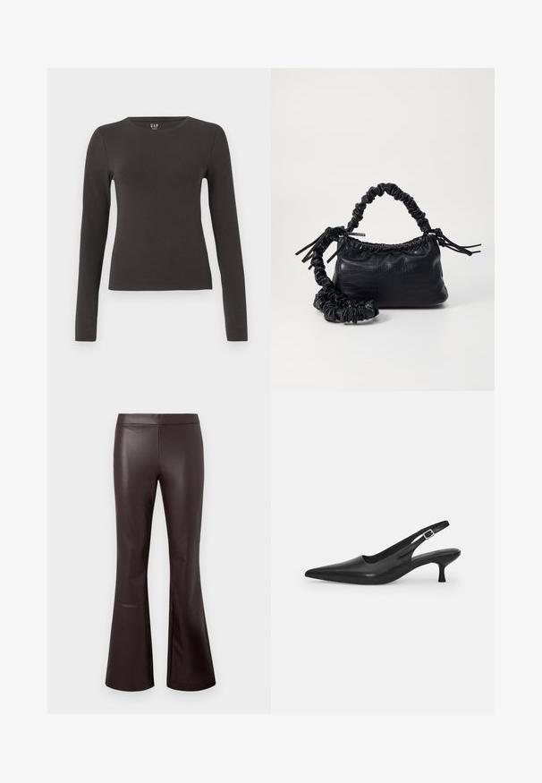 Ilgų rankovių marškiniai, pagaminti iš tamsiai pilkos medvilnės, su apvalia iškirpte, prigludusia forma ir lygiu paviršiumi. Be raštų ar akivaizdžių akcentų.; Rudos dirbtinės odos flared kelnės su vientisu tekstūra, aukštu juosmeniu ir švariu dizainu, turinčios flared kojas apačioje papildomam stiliui.; Juodos odinės slingback bateliai su smailiu nosiu ir plonu, lenktu kulnu. Yra diskretiška reguliuojama juostelė su metaliniu sagtimi.; Juodas dirbtinės odos rankinė su krokodilo tekstūra, sušnibždinta viršuje ir susikraipytu dirželiu. Atrodo minkšta ir kompaktiška.