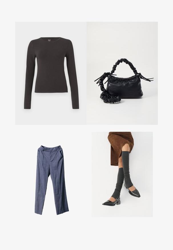 Pikisuht ga-öös gray puuvillane topp, millel on klassikaline kaelus, sobiv disain ja sile tekstuur. Ilma mustrite või märgatavate aktsentideta.; Tumesinine pinstripe'idega püksid, mis on lõdva lõikega, elastse vöökoha, küljetaskute ja sileda, kerge kangaga.; Mustad patsaline odav värviga kingad, millel on kreen ja pahkluuring, on paaritatud hallide ribakudumitega sääremiidega ja pruunist nahast seelikuga.; Must must sünteetilisest nahast käekott, millel on krokodillimuster, kokku tõmmatav ülaosa ja kortsus rihm. Tundub pehme ja kompaktne disain.