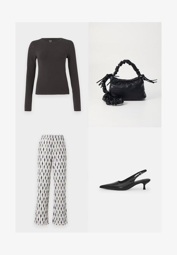 Dlhý rukáv top z tmavošedej bavlny s okrúhlym výstrihom, priliehavým strihom a hladkou textúrou. Bez vzorov alebo viditeľných akcentov.; Široké nohavice z krémovej tkaniny, s opakujúcim sa námořníckym vzorom v tvare kvapky. Elastický pás a mäkký materiál zvyšujú pohodlie.; Čierne kožené sandále s úzkym špičatým prstom a štíhlym zakriveným podpätkom. Majú diskrétny nastaviteľný popruh s kovovou sponou.; Čierna umelá kožená kabelka s kroko vzorom, sťahovaným vrchom a zhnutým popruhom. Vyzerá mäkko a kompaktné v dizajne.