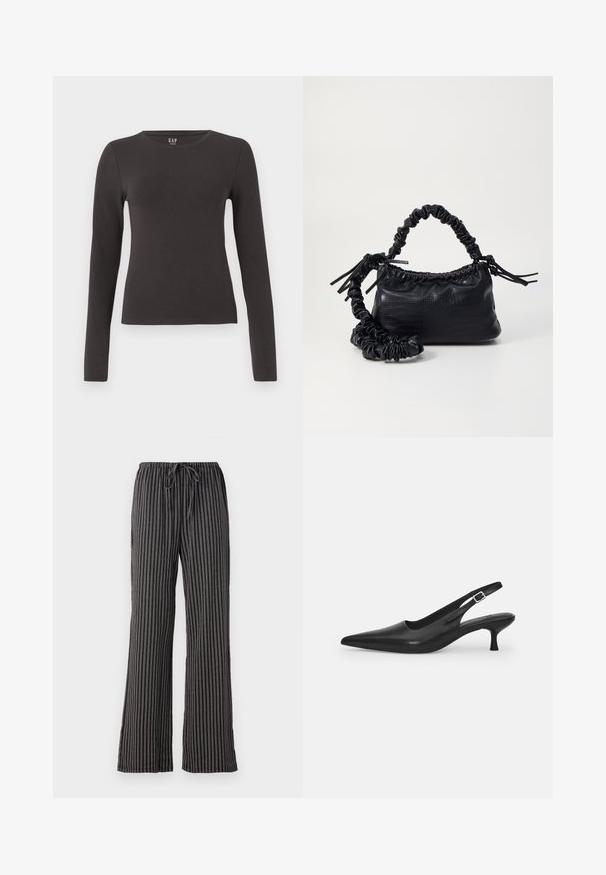 Langarmshirt van donkergrijze katoen met een ronde hals, getailleerd ontwerp en een gladde textuur. Geen patronen of opvallende accenten.; Gestreepte pyjamabroek in zwart en wit, met een treksluiting in de taille, wijde benen en een zachte, gestructureerde stof met verticale lijnen.; Zwarte leren slingback schoen met een puntige neus en een slanke, gebogen hak. Voorzien van een discrete verstelbare band met een metalen gesp.; Zwarte nepleer handtas met een krokodillenstructuur, opgedroogde bovenkant en een gekreukte hengsel. Het lijkt zacht en compact van ontwerp.