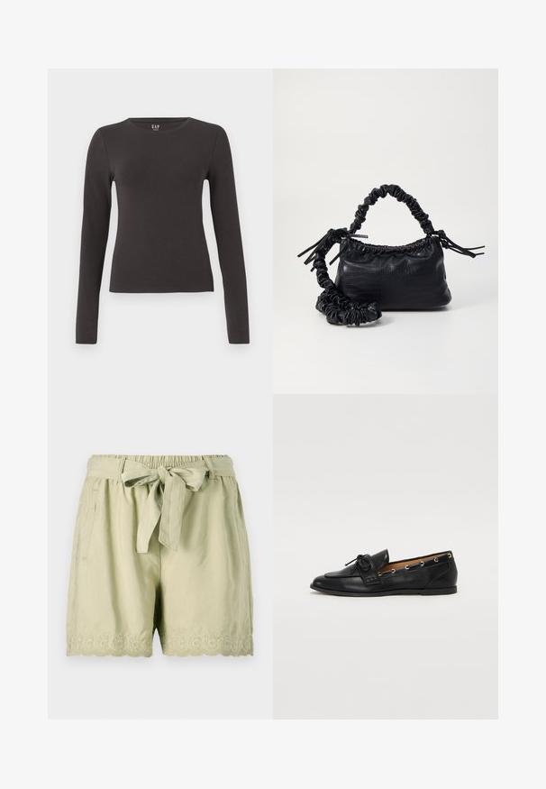Long-sleeve top made of dark gray cotton with a crew neckline, fitted design, and smooth texture. No patterns or noticeable accents.; Light green shorts made of soft fabric, featuring an elastic waistband, a tied belt, side pockets, and intricate scalloped embroidery at the hem.; Black leather loafers with a tied bow, featuring gold eyelet accents along the sides and a flat rubber sole. Smooth texture, classic design.; Black faux leather handbag with a crocodile texture, cinched top, and a scrunched strap. Appears soft and compact in design.