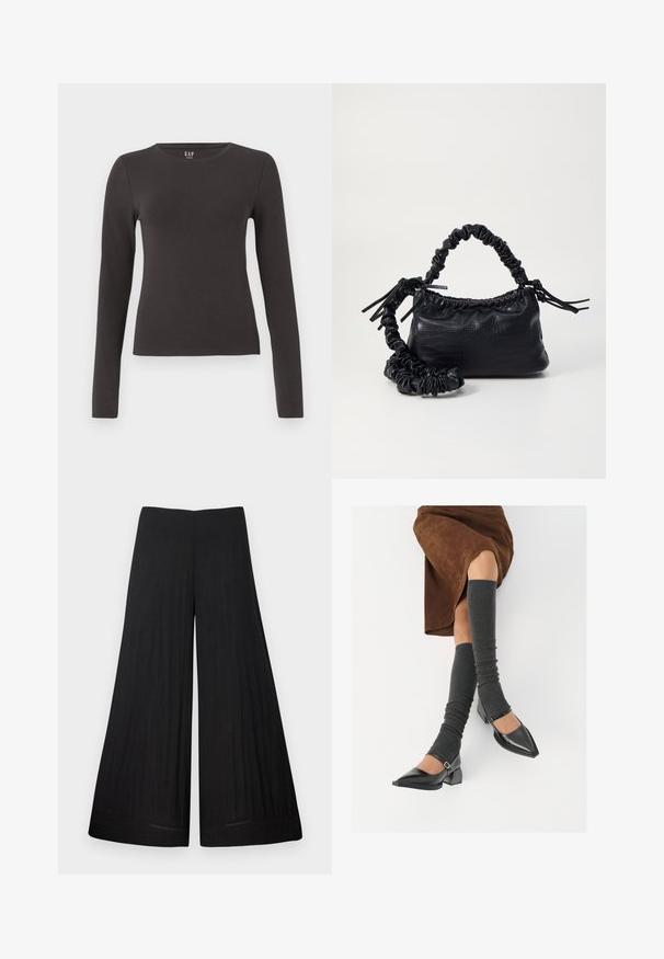 T-shirt à manches longues en coton gris foncé avec un col rond, un design ajusté et une texture lisse. Pas de motifs ni d'accents visibles.; Pantalon noir à larges jambes en tissu léger. Il possède une taille plate et un matériau fluide, avec peu de détails de couture.; Chaussures à bout pointu en cuir verni noir avec un talon bloc et une bride à la cheville, accompagnées de jambières en maille grise et d'une jupe en daim marron.; Sac à main en simili cuir noir avec une texture crocodile, un dessus resserré et une sangle froncée. A l'apparence douce et compacte.