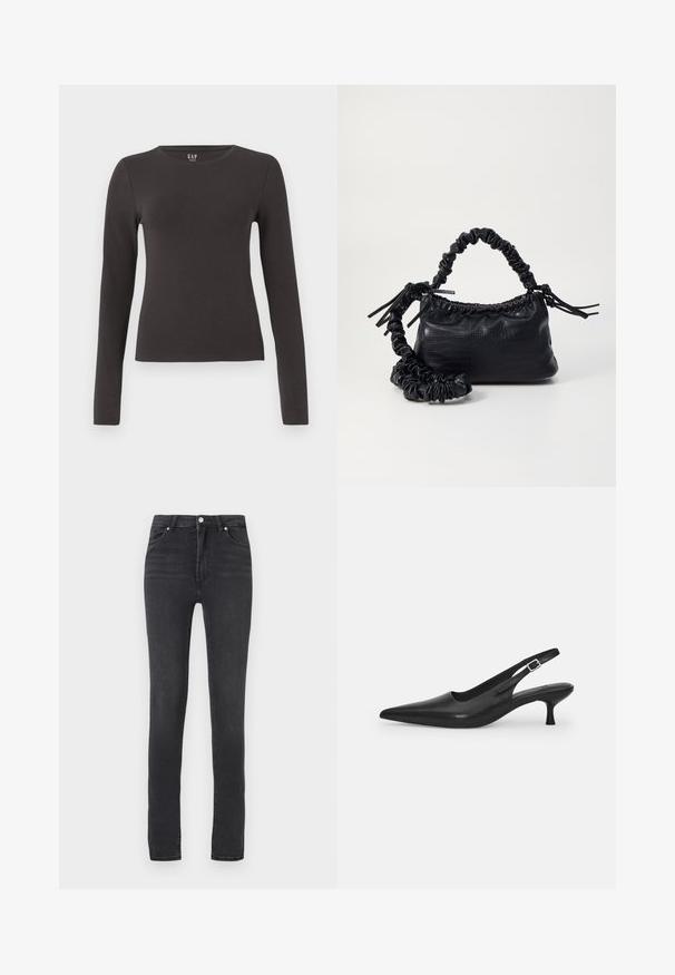 Dlhý rukáv top z tmavošedej bavlny s okrúhlym výstrihom, priliehavým strihom a hladkou textúrou. Bez vzorov alebo viditeľných akcentov.; Čierne úzke džínsy s vysokým pásom, vyrobené z elastického denimu, s pútkami na opasok, minimálnym stehom a klasickým designom s piatimi vreckami.; Čierne kožené sandále s úzkym špičatým prstom a štíhlym zakriveným podpätkom. Majú diskrétny nastaviteľný popruh s kovovou sponou.; Čierna umelá kožená kabelka s kroko vzorom, sťahovaným vrchom a zhnutým popruhom. Vyzerá mäkko a kompaktné v dizajne.