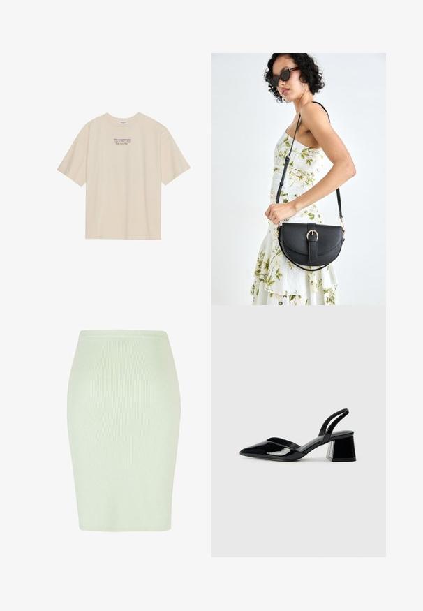 Beez värvi puuvillane T-särk lühikeste varrukatega ja ümmarguse kaelusega, mille keskosas rinnal on "YELLOWSTONE" graafika lillades ja sinistes toonides.; Kootud pliiatsihari helesinisest rohelisest värvist, vertikaalse ribakujunduse, kehaümaruse ja sileda vööga. Ideaalne igapäevaseks või pidulikuks kandmiseks.; Mustad musta lakknahk kingad, millel on terav varvas ja geomeetriline plokkkonts. Omab elegantselt minimalistlikku disaini ja sujuvat tekstuuri.; Mustmust mustraha kõverate joontega, eemaldatava rihmaga ja kuldsete detailidega. Kotil on klapp, millel on pandladetail.