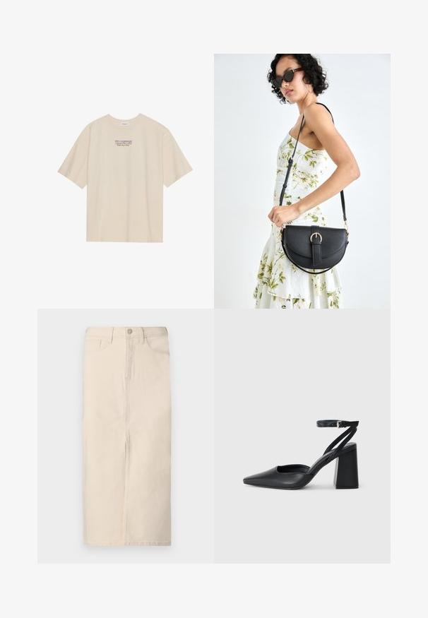 Beige Baumwoll-T-Shirt mit kurzen Ärmeln und Rundhalsausschnitt, mit einem in lila und blau zentrierten "YELLOWSTONE"-Grafik auf der Brust.; Cremfarbener Denim-Midirock mit einem vorderen Schlitz, fünf Taschen und einer vorderen Knopfleiste. Der Stoff hat eine weiche, strukturierte Oberfläche.; Schwarze Leder-Pumps mit spitzer Zehe, einem Knöchelriemen und einem blockigen Absatz. Flache Textur, elegantes Design und minimalistische Ästhetik.; Schwarze Lederhandtasche mit geschwungener Form, abnehmbarem Tragegurt und goldenen Beschlägen. Die Tasche verfügt über einen Deckel mit einer Schnallen-Details.