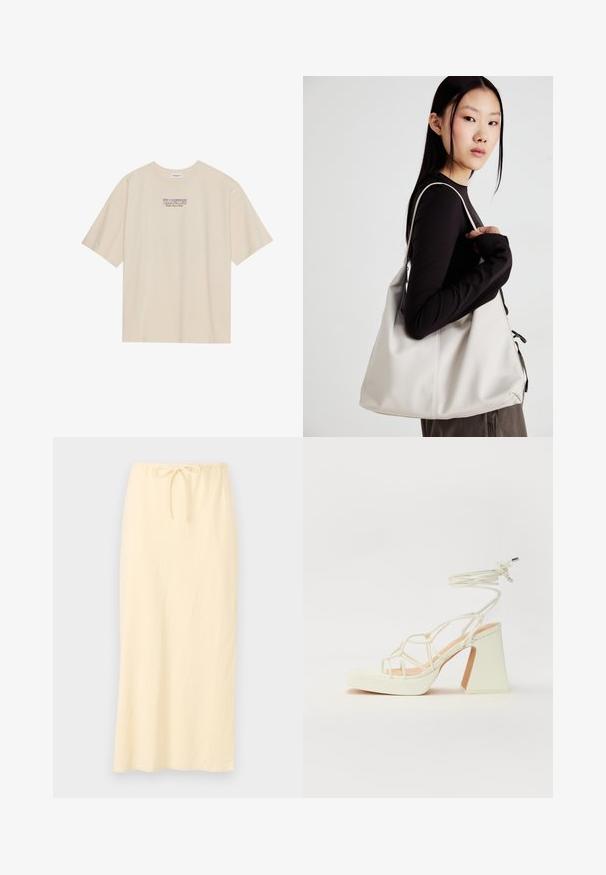 Bež majica od pamuka s kratkim rukavima i okruglim izrezom, s "YELLOWSTONE" grafikom u ljubičastoj i plavoj boji centriranom na prsima.; Svijetložuta, duga suknja od prozračnog materijala, s elastičnom pasicom koja ima uzicu za prilagodljivo podešavanje. Glatka tekstura, bez uzoraka.; Bijela sandala na visokoj potpetici s debelim petom, s remenom i vezanjem oko gležnja. Glatka tekstura s platformom sprijeda za dodatnu visinu.; Bežna torba od mekog materijala s opuštenim dizajnom, šivanim detaljima i dva remena za rame. Pogodna za svakodnevnu upotrebu.
