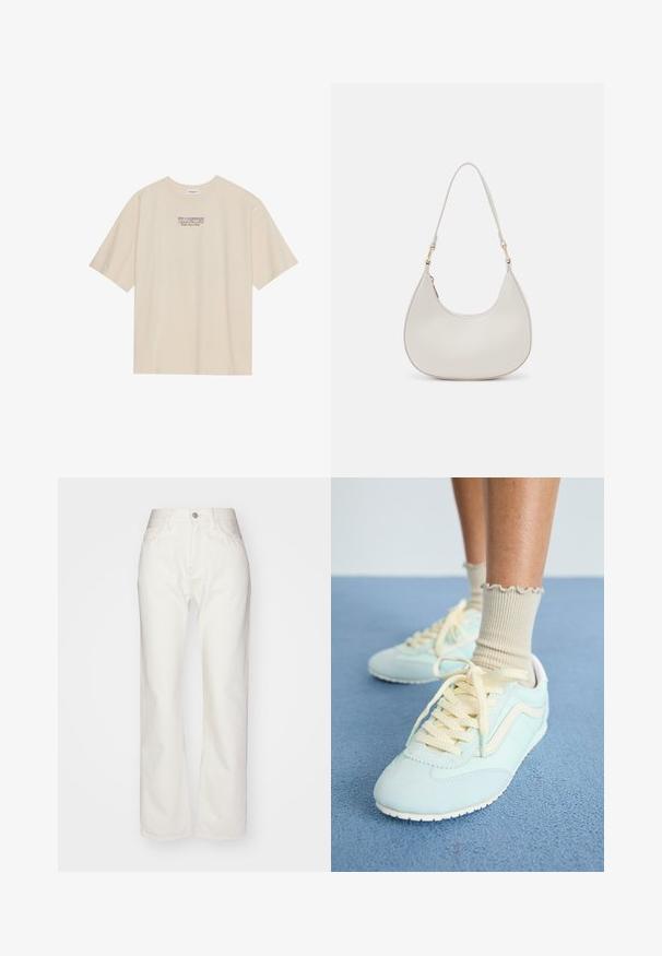 Beez värvi puuvillane T-särk lühikeste varrukatega ja ümmarguse kaelusega, mille keskosas rinnal on "YELLOWSTONE" graafika lillades ja sinistes toonides.; Valged denim püksid kõrge vöökoht ja laia säärega. Omab nupuvajutust ja tõmblukku, vöö loops ja peene õmblemise detailid.; Heledad sinine nahkking, millel on kreemjad paelad ja aktsendid, tekstureeritud pind ja valge kummitald. Näha on Voldusega beež sokke.; Kreemi nahast õlavarre kott, millel on poolkuu kuju, peen rihm ja diskreetne õmblusdetail. Minimalistlik disain kuldse tooni metallosadega.