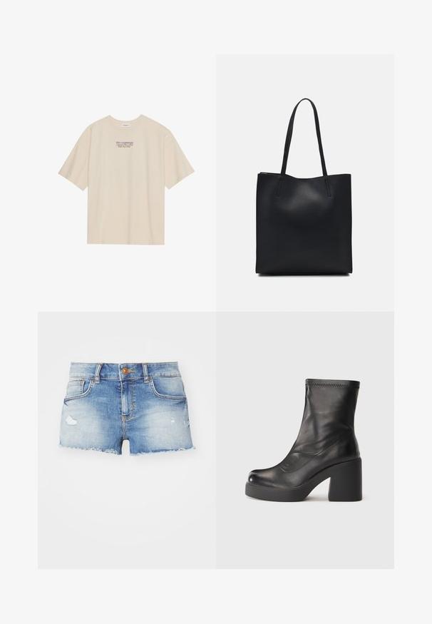 Camiseta de algodón beige de manga corta y cuello redondo, con un gráfico de "YELLOWSTONE" en púrpura y azul centrado en el pecho.; Shorts de mezclilla en azul claro con un acabado desgastado, dobladillo deshilachado, diseño de cinco bolsillos y cierre de un solo botón en la parte delantera.; Botín de cuero negro a media pantorrilla con tacón grueso y suela de plataforma sobre un fondo blanco liso.; Bolso tote de cuero negro con textura lisa, forma rectangular y dos asas largas. Sin herrajes ni adornos visibles.