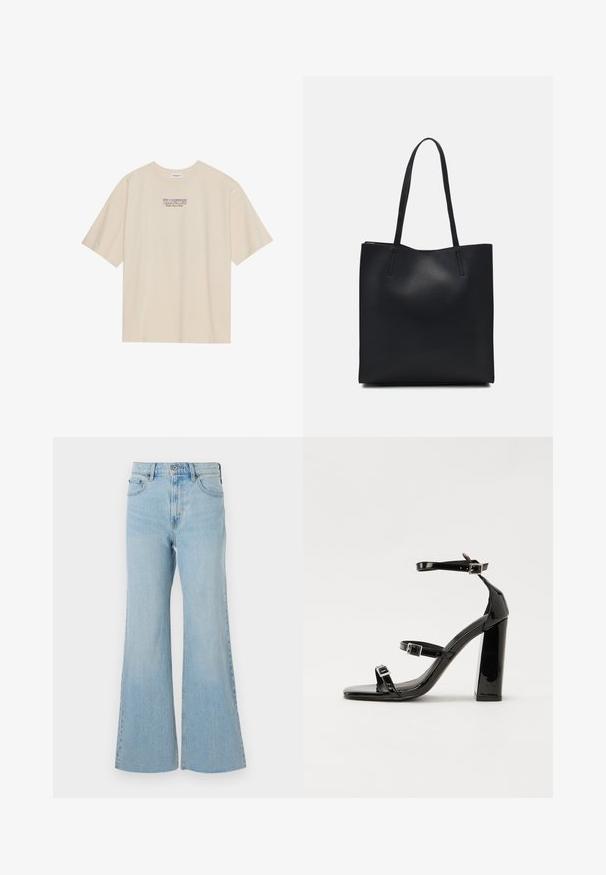 T-shirt corta in cotone beige con maniche corte e collo rotondo, caratterizzata da un grafico "YELLOWSTONE" in viola e blu centrato sul petto.; Jeans flare in denim azzurro chiaro con vita alta, dotati di una classica chiusura con bottone e zip, e leggera scoloritura su tutto il tessuto.; Sandali con tacco in vernice nera, con punta squadrata, cinturini alla caviglia e fibbie in argento. Presentano un tacco a blocco spesso per maggiore stabilità.; Borsa tote in pelle nera con texture liscia, forma rettangolare e due manici lunghi. Nessun hardware o decorazione visibile.