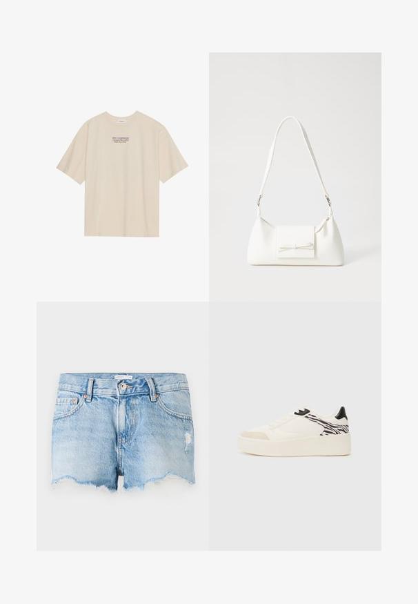 Beige bomulls t-skjorte med korte ermer og rund hals, med "YELLOWSTONE" grafikk i lilla og blått sentrert på brystet.; Lyseblå denimshorts med en frynset kant, fem-lomme design og en subtil slitt detalj foran. Metallknapplukking.; Even&Odd Joggesko - white/black; Hvit syntetisk håndveske med trekantet form, flat klaff foran og sløyfe detaljer, justerbar stropp, glatt tekstur og minimalistisk design.