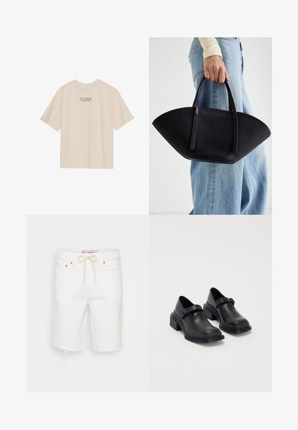 Beez värvi puuvillane T-särk lühikeste varrukatega ja ümmarguse kaelusega, mille keskosas rinnal on "YELLOWSTONE" graafika lillades ja sinistes toonides.; Valged teksashorts franse äärega, tõmbluku ja viie taskuga, pronksist aksessuaaridega.; Mustad mustad jalanõud ümmarguse varbaga, tasase tallaga ja kinnitusega rihmaga, millel on pandla detail. Suure plokknina, mis tagab lisastabiilsuse.; Must mustra kott, millel on unikaalne fännikujuline disain, millel on lapikud käepidemed. Pinna tekstuur on kivikujuline ja disain on minimalistlik.