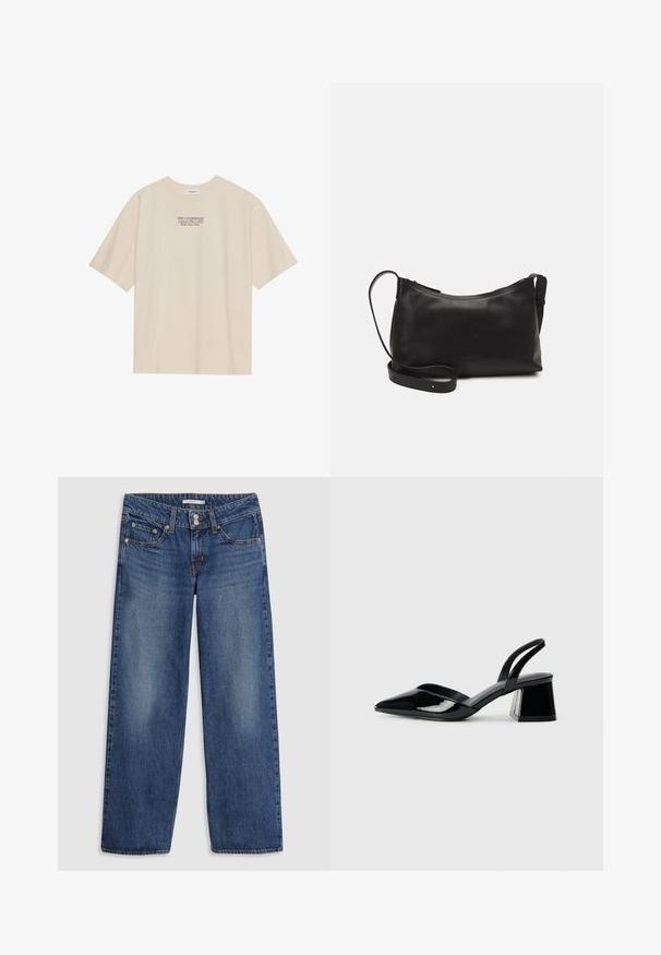 T-shirt de algodão bege com mangas curtas e gola redonda, apresentando um gráfico "YELLOWSTONE" em roxo e azul centrado no peito.; Jeans de ganga azul de perna larga com fecho de botão, design de cinco bolsos, ligeira descoloração nas coxas e detalhes de costura nas costuras.; Sandy em verniz preto com salto slingback, ponta afilada e salto geométrico. Apresenta um design elegante e minimalista com textura suave.; Bolsa de ombro em pele preta com textura suave, forma curva, alça ajustável e fecho com zip. Design minimalista sem adornos.