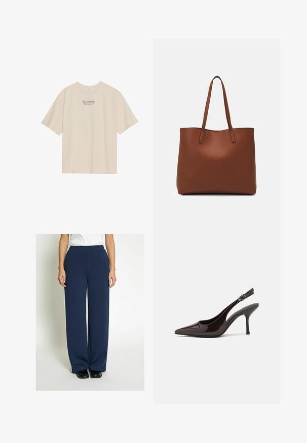 Bež majica od pamuka s kratkim rukavima i okruglim izrezom, s "YELLOWSTONE" grafikom u ljubičastoj i plavoj boji centriranom na prsima.; PEPPERCORN Donji dijelovi trenirke - black iris; Sandalice na visokom potpetici od sjajnog tamnosmeđeg lakiranog kože, s oštrim vrhom, otvorenim stranama i podesivom naramenicom.; Smeđa kožna torba preko ramena s glatkom teksturom, otvorenim vrhom i dvjema naramenicama. Ima minimalne šavove i nema vidljivog hardvera.