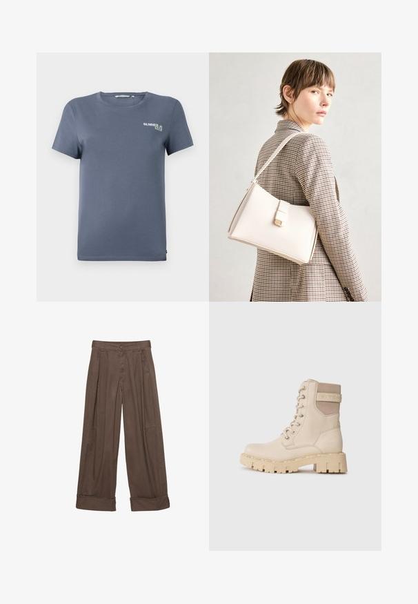 Blå bomulds t-shirt med korte ærmer, rund halsudskæring og et lille "SUMMER CLUB" grafisk motiv på venstre side. Glat tekstur, almindelig pasform.; Brune brede bukser lavet af bomuld, med knaplukning, plisseret front og optrækkede ben for en afslappet pasform.; Beige snørebånd ankelstøvler lavet af glat læder med en tekstureret stofaccent, der har en chunky, robust sål og logo-detalje.; Hvid læder håndtaske med en struktureret design, der har en magnetlukning og en skulderrem, præsenteret mod en neutral baggrund.
