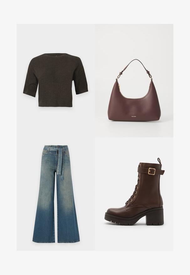 Hnedý rebrovaný pletený top s krátkymi rukávmi, okrúhlym výstrihom a skráteným strihom. Textúrovaná tkanina zvýrazňuje vertikálne pruhy.; Džínsy s širokými nohavicami, ktoré majú prechod od svetlomodrej po tmavomodrú, vysoký pás, pútka na opasok a opasok z rovnakého materiálu. Textúrovaný denimový povrch.; JOOP! UNICO MARIA ALTO - Členkové šnurovacie čižmy - darkbrown; Bordová kabelka s prehnutým siluetou a krátkym popruhom, so zlatým zipsom a diskrétnym logom Calvin Klein na prednej strane.