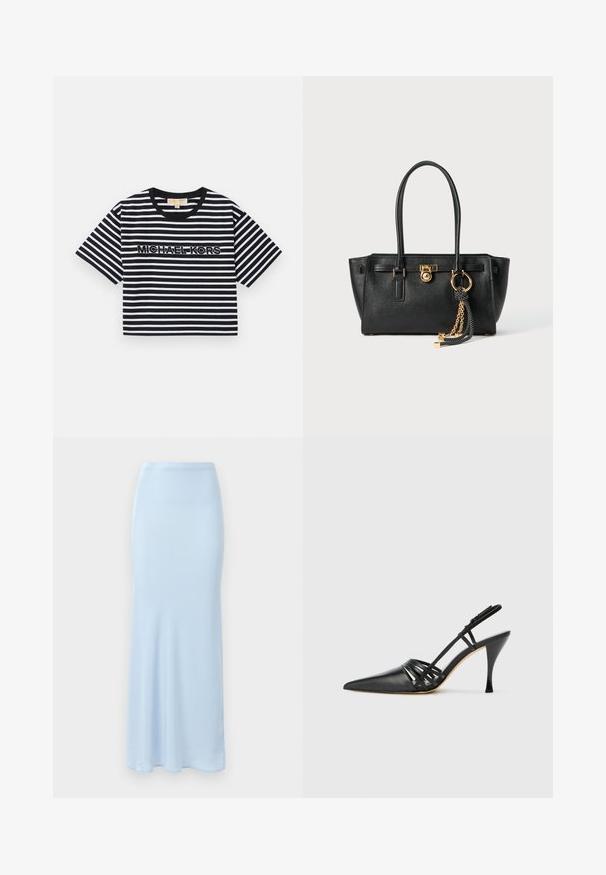 T-shirt curto, cropped, em riscas pretas e brancas com o logótipo "MICHAEL KORS" em bordado contrastante e decote redondo.; Saia de cetim azul claro, até ao chão, com uma cintura ajustada e um ligeiro alargamento na parte inferior, sobre um fundo branco.; Sapato slingback de couro preto com salto alto, bico fino, design de tiras cruzadas e salto stiletto slim. Textura suave e acentos mínimos.; Bolsa de pele preta com alças duplas, fecho dourado e detalhe em corrente, além de um acessório de tassel preto e branco, contra um fundo branco.