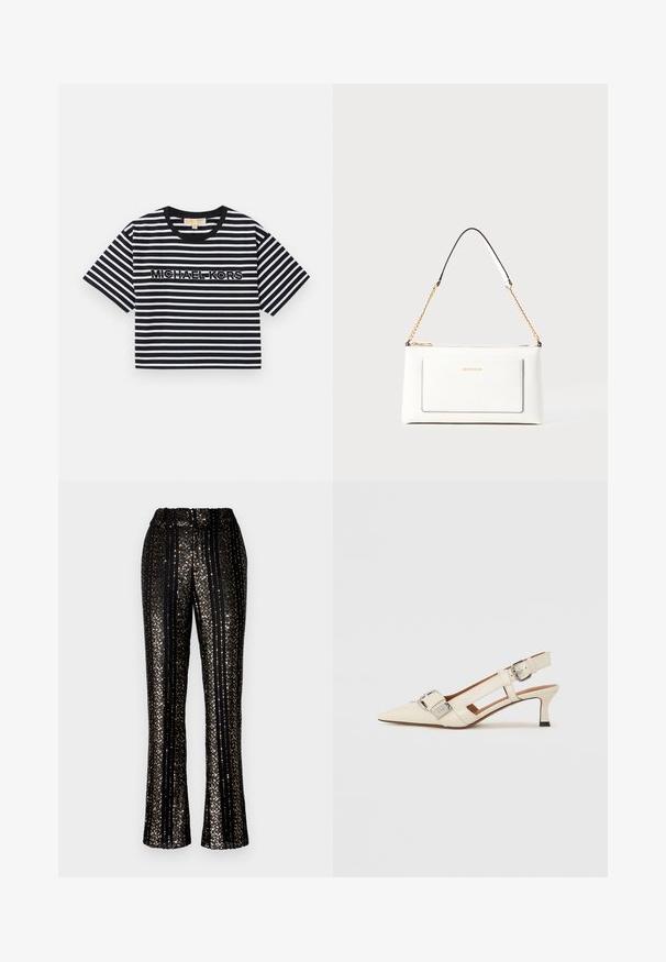 Short-sleeve, cropped T-shirt in black and white stripes featuring "MICHAEL KORS" logo in contrasting embroidery, round neckline.; Black sequined pants featuring vertical stripes, elastic waistband, and flared bottom with shiny accents throughout the surface.; White leather slingback shoe with a pointed toe, small heel, and adjustable strap featuring a prominent silver buckle detail.; White leather handbag with a textured finish, featuring a gold chain strap and black accents. Includes a front pocket and zipper closure.