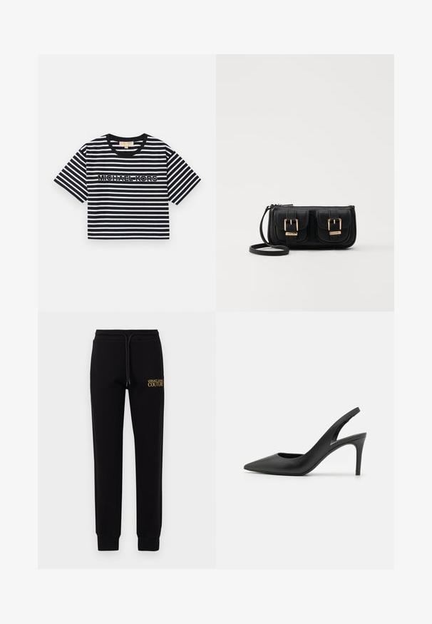T-shirt z krótkim rękawem, krótszy krój, w czarno-białe paski, z logo "MICHAEL KORS" w kontrastowym haftem, okrągły dekolt.; Czarne dresy wykonane z miękkiego materiału, z elastycznym pasem w talii i sznurkiem do regulacji oraz żółtym haftowanym logo "VERSACE JEANS COUTURE".; Czarne skórzane sandały na obcasie z noskiem w szpic, z wycięciem z przodu i cienkim obcasem typu stiletto.; Czarna skórzana torba na ramię z dwoma przednimi kieszeniami, złotymi klamrami, zamkiem błyskawicznym i cienkim paskiem. Teksturowana powierzchnia i kompaktowy prostokątny kształt.