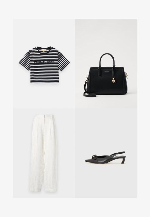 Korte ermestopp i svart og hvitt med striper, med "MICHAEL KORS"-logoen i kontrasterende broderi, rund halsåpning.; Hvite, vide bukser laget av glatt, teksturert stoff med et subtilt blomstermønster og en plissert frontdesign.; Svarte skinn slingback-sko med spiss tå, liten hæl og dekorativ spenne-detalj på overdelen. Glatt tekstur, minimalistisk design.; Svart skinnhåndveske med strukturert design, doble topphåndtak, avtakbar skulderrem, gullfarget hardware og en logo-detalj.