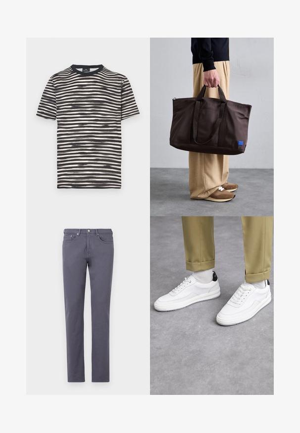 Svartvit randig T-shirt med rund hals, korta ärmar och mjuk textur. Har växlande tjocka och tunna ränder.; Slim-fit, grå bomullschinos med framfickor och knappstängning. Har en jämn struktur och standardavslut. Inga synliga mönster.; Vita sneakers med en texturerad läderfinish, rund tå och svart häldetalj. Gummisul med litet mönster och sydd detalj.; Brun nylon toteväska med dubbla handtag, dragkedjestängning och en blå logotypplåster. Slät textur, strukturerad design, rymligt inre.