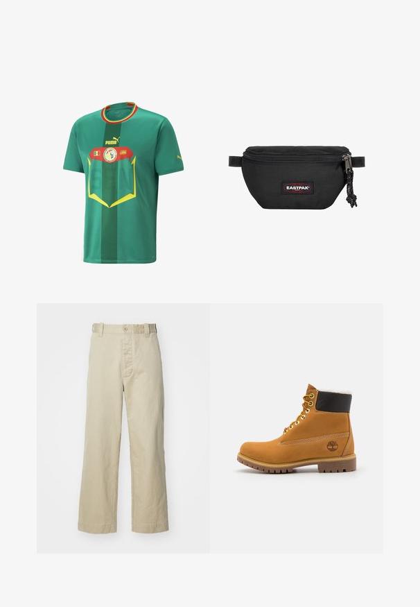 Green short-sleeve soccer jersey made from breathable material. Features horizontal stripes, bold graphics, Puma logo, and national emblem.; Beige cotton trousers with a straight leg design, featuring a front button closure and belt loops; smooth texture without patterns.; Brown leather ankle boot with metal eyelets, white fur lining, black padded collar, rugged sole, and embossed logo on the side.; Black waist bag made of durable fabric, featuring a zip closure, adjustable strap, and a red and black logo patch on the front.