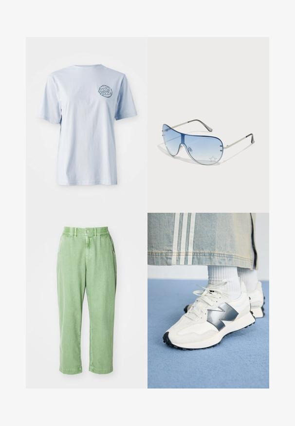 Vaalean sininen puuvillainen t-paita lyhyillä hihoilla, jossa on tummansinisellä ympyrälogo vasemmassa rintakappaleessa.; Vaate vaaleanvihreät, rentomittaiset housut, jotka on valmistettu pehmeästä materiaalista. Niissä on nappi ja joustava vyötärö, sivutaskut ja kapenevat lahkeet.; Valkoiset urheilukengät hopea-akcentilla, teksturoitua kangasta ja sileää nahkaa; mustalla kumipohjalla ja nauhoilla varustettuna.; Aviator-mallin aurinkolasit, jotka ovat varustettu gradienttisilla sinisillä linsseillä, hopeisella metallikehyksellä ja koristeellisilla tähtikoristeilla linsseissä. Joustava ja viehättävä muotoilu.