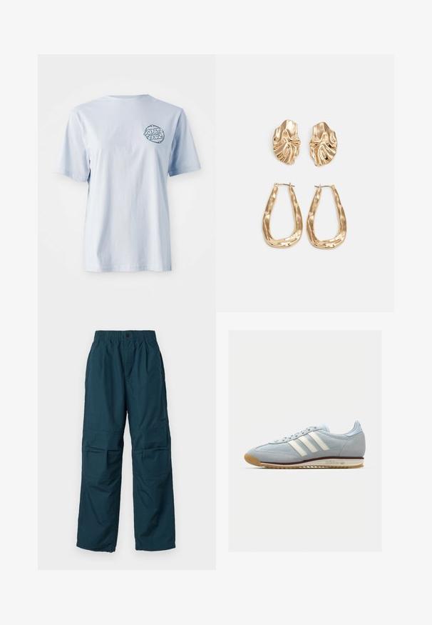 Vaalean sininen puuvillainen t-paita lyhyillä hihoilla, jossa on tummansinisellä ympyrälogo vasemmassa rintakappaleessa.; Teal cargo-housut elastisella vyötäröllä, joissa on kaksi sivutaskua ja löysä istuvuus. Valmistettu kevyestä materiaalista, ja siinä on ompeluyksityiskohtia.; Vaaleansininen mokkanahkakengät, joissa on valkoiset kolme raitaa, kumipohja ja teksturoitu verkko. Ominaisuuksiin kuuluu sileä varvaskuppi ja brändäys kannassa.; Korukultainen korvakorut, joissa on teksturoituja, aaltoilevia muotoja. Mukana on veistokselliset klipsikorvakorut ja avoin rengasmalli, jossa on vasaroitu pinta.