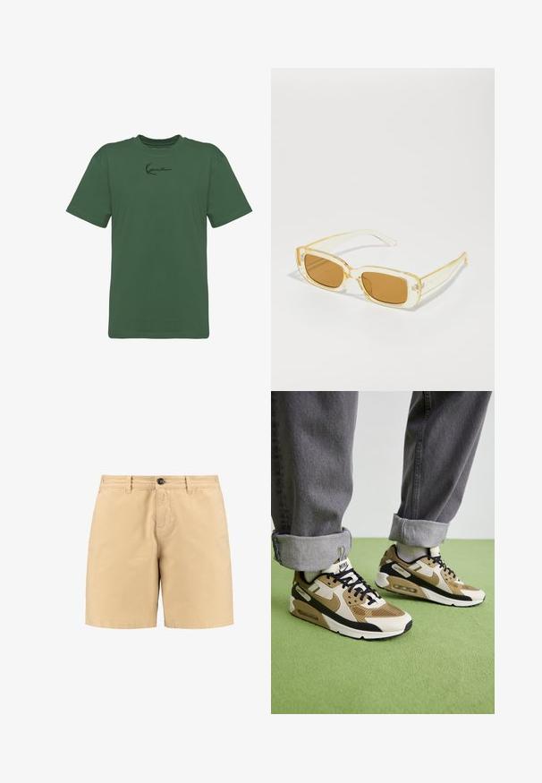 Vihreä, lyhythihainen puuvillainen t-paita, jossa on pyöreä pääntie ja pieni musta, kursiivilla kirjoitettu logo pääntiellä keskitettynä.; Beige puuvillashortsit, joissa on nappikiinnitys, etutaskut ja vyölenkit. Yksinkertainen muotoilu suoralinjaisena ja sileänä.; Nike Air Max 90 tennarit beige- ja mustissa väreissä, joissa on verkko- ja nahkamateriaaleja, näkyvää vaimennusta ja mustat nauhat.; Suojalasit, joissa on läpinäkyvä keltainen rakenne ja ruskeat linssit. Sangan osassa on hienovaraisia brändäys- ja sileä kiiltävä pinta.; Häif metalin ketju rannekoru, jossa on punottu muotoilu, jossa on teksturoituja ohuita nauhoja ja lukitusmekanismi. Sileä viimeistely ja heijastavat pinnat.