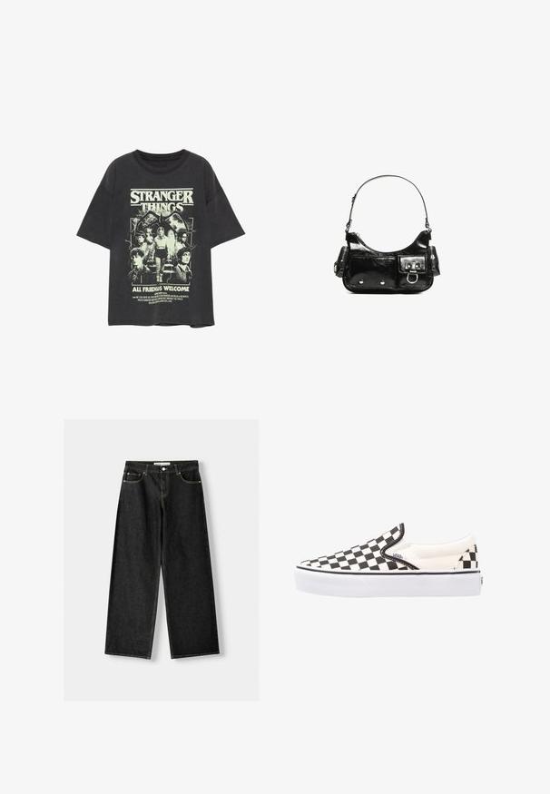 Sötétszürke, túlméretezett póló, amelyen a "Stranger Things" karaktereinek grafikája és a "All Friends Welcome" felirat világoszöld színben szerepel.; Fekete farmer széles szárú nadrág, öt zsebbel, fémből készült gombbal és cipzárral, valamint kontrasztos sárga varrással az illesztéseknél.; Fekete-fehér kockás slip-on Vans cipők vászon felsőrésszel, gumitalppal és párnázott bokavéggel. Lapos, kerek orr és fehér talprész.; Fekete lakkbőr kézitáska ívelt formával, egy vállpánttal, elülső zsebekkel és ezüstszínű fémrészletekkel.