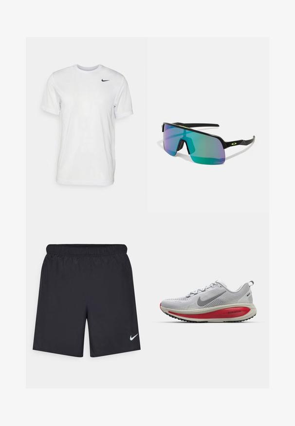 Bílé tričko s krátkým rukávem vyrobené z hladkého materiálu. Má kulatý výstřih a malé černé logo Nike na levé straně hrudi.; Černé sportovní šortky vyrobené z lehkého materiálu s elastickým pasem. Na spodní levé straně mají malé bílé logo Nike.; Běžecká obuv Nike v světle šedé síťovině s červenými akcenty, s kulatou špičkou, silnou tlumící podešví a texturovaným vzorkem pro lepší trakci.; Sportovní sluneční brýle s černým rámem, velkými zrcadlovými čočkami s gradientem od tyrkysové po fialovou a minimalistickými designovými akcenty.