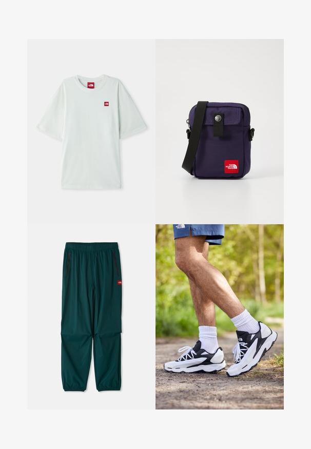 Šviesiai žalia trumpomis rankovėmis marškinėliai, pagaminti iš minkštos medvilnės, su maža raudona logotipo etikete kairėje krūtinės pusėje. Laisvas kirpimas ir apvalus iškirpimas.; Lauko kelnės tamsiai mėlynos spalvos, su elastiniu juosmeniu, dviem užtrauktukais užsegamomis šoninėmis kišenėmis ir elastingomis apačios juostomis. Lengvas medžiaga.; Juodos ir baltos sportinės bateliai su tinkline viršutine dalimi, tekstūriniais akcentais ir baltomis raištelėmis. Dėvimi su baltomis kulkšnies kojinėmis ir tamsiai mėlynomis šortais takelyje.; Violetinės nailono petinės kuprinės su priekinėmis skląstinėmis, snap tipo užsegimu, reguliuojama juoda juosta ir raudona logotipo etikete priekyje.
