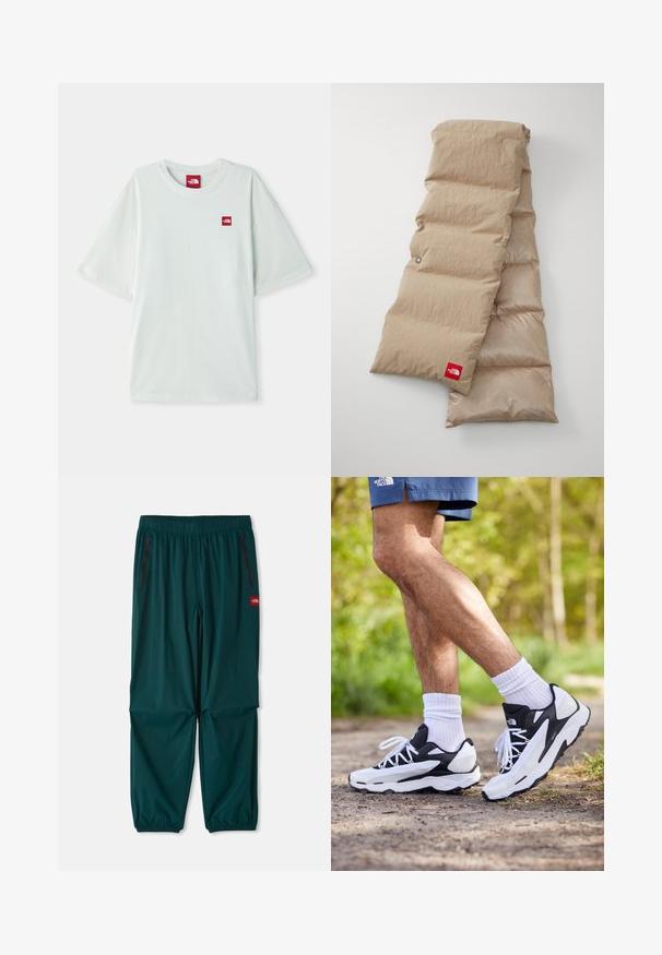 Lys grønn kortermet t-skjorte laget av myk bomull, med et lite rødt logomerke på venstre brystområde. Avslappet passform og rund hals.; Utendørsbukser i mørk teal, med elastisk midje, to glidelås lommer på sidene og elastiske mansjetter ved anklene. Lett materiale.; Svart-hvite joggesko med mesh-overdel, teksturerte detaljer og hvite snøringer. Brukes med hvite ankelstrømper og marineblå shorts på en sti.; Beige puffer skjerf med en teksturert ytterside, består av polstrede seksjoner, og har en rød logoetikett på den nedre kanten.
