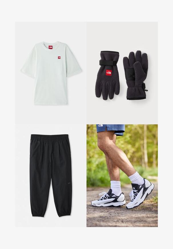 Svetlozelené tričko s krátkymi rukávmi vyrobené z mäkkého bavlneného materiálu, so malou červenou logovou nášivkou na ľavej strane hrude. Vo voľnom strihu a s okrúhlym výstrihom.; Čierne voľné nohavice na elastický pás s bočnými vreckami, elastickými manžetami na členkoch a malým logom na pravej nohe.; Čierne a biele športové topánky s sieťovinovým zvrškom, textúrovanými akcentmi a bielymi šnúrkami. Nosené s bielymi ponožkami po členky a tmavomodrými šortkami na chodníku.; Mikrofleece rukavice v tmavosivej farbe s textúrovaným povrchom. Majú nastaviteľné popruhy a čiernu spevnenú dlaň. Logo značky v červenej farbe.
