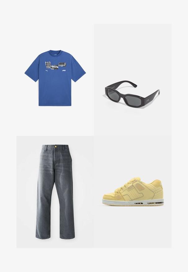 Camiseta de algodón azul con un diseño gráfico que presenta patrones en cuadros y abstractos en blanco y negro. Manga corta y cuello redondo.; Jeans de mezclilla gris de pierna ancha y corte holgado para hombres, con bolsillos frontales y un solo botón dorado visible en la cinturilla.; Zapatilla amarilla con parte superior de gamuza y sintético, acentos perforados, suela acolchada y unidad de aire clara visible en el talón.; Gafas de sol rectangulares negras con lentes oscuros. Montura de plástico grueso con un acabado suave, que presenta un sutil logotipo en el lateral.