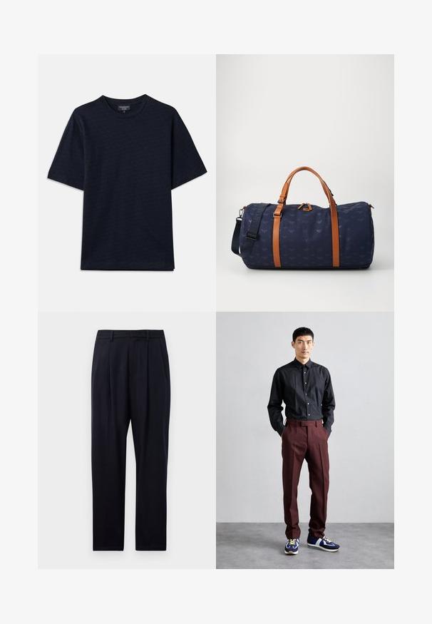 Dunkelblauses T-Shirt mit strukturiertem Muster, Rundhalsausschnitt und kurzen Ärmeln. Dezentem Logodetail auf der Brust, aus weichem Baumwollstoff.; Hose in Marineblau mit geradem Schnitt, aus strukturiertem Stoff, zwei vorderen Falten, Gürtelschlaufen und einem Reißverschluss.; Schwarzes, langärmliges Button-Up-Hemd kombiniert mit hochgeschnittenen, burgunderfarbenen Hosen und blauen Sneakers mit grünen Akzenten. Das Model steht mit den Händen in den Taschen.; Marinefarbener Duffle-Bag mit geprägtem Logomuster, braunen Lederakzenten, doppelten Griffen und einem verstellbaren Schultergurt. Glatte Textur.
