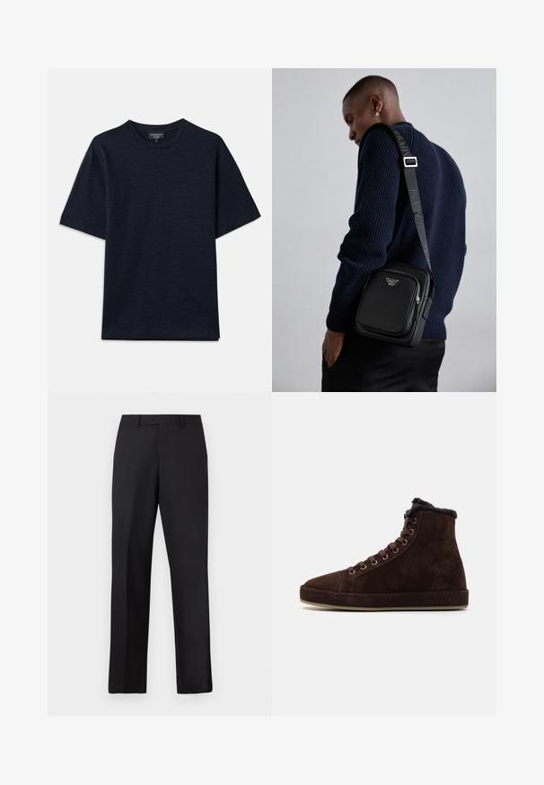 Temno modra majica s strukturiranim vzorcem, okroglo izrezanimi vratnimi odprtinami in kratkimi rokavi. Diskretna podrobnost logotipa na prsih, izdelana iz mehkega bombažnega blaga.; Črne, hlače z ravnimi nogami iz gladke tkanine. Imajo običajen pas in brez vidnih vzorcev ali poudarkov.; Karamelne semiš visoke teniske z vezalkami spredaj, okroglo konico, mehak podlogi pri ovratniku in gumijastim podplatom.; Črna usnjena torba čez ramo z zadrgo, detajlom logotipa in nastavljivim trakom s znamko. Nosi se ob teksturirani mornarsko modri pulover.