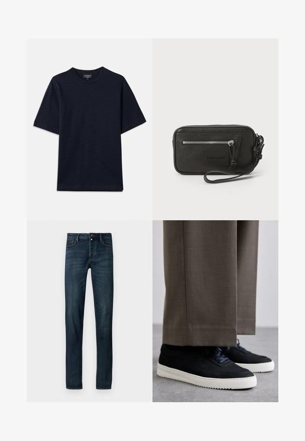 Tamsiai mėlyna marškinėliai su tekstūruotu raštu, apvaliu iškirpimu ir trumpomis rankovėmis. Diskretiškas logotipo detalė krūtinėje, pagaminti iš minkštos medvilnės audinio.; Tamsiai mėlynos džinsinės kelnės su siauru siluetu, turinčios penkių kišenių dizainą, metalinį sagtyklį ir subtilų blukimo efektą ant kojų.; Juodi zomšiniai sportbačiai su baltais guminiais padais, su apvalia nosimi ir raišteliais, dėvimi su pilkais pritaikytais kelnais.; Juodas odinis delninukas su tekstūruotu paviršiumi, priekinė užtrauktuko kišenė ir nuimama riešo juosta. Priekyje yra logotipo etiketas. Stačiakampio formos.