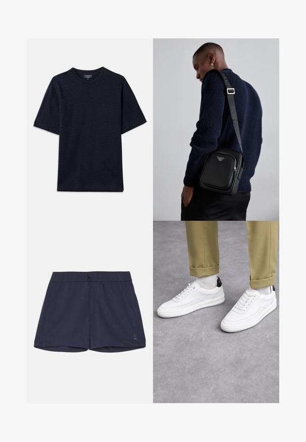 Námořnická modrá tričko s texturovaným vzorem, kulatým výstřihem a krátkými rukávy. Subtilní logo na hrudi, vyrobeno z měkké bavlněné látky.; Ron Dorff TENNIS - Šortky - navy; Bílé tenisky s texturovaným koženým povrchem, zaoblenou špičkou a černým akcentem na patě. Gumová podrážka s malým vzorem a šitými detaily.; Černá kožená crossbody kabelka s zipovou kapsou, detailem loga a nastavitelným popruhem se značkou. Nositá na texturovaném námořnickém svetr.