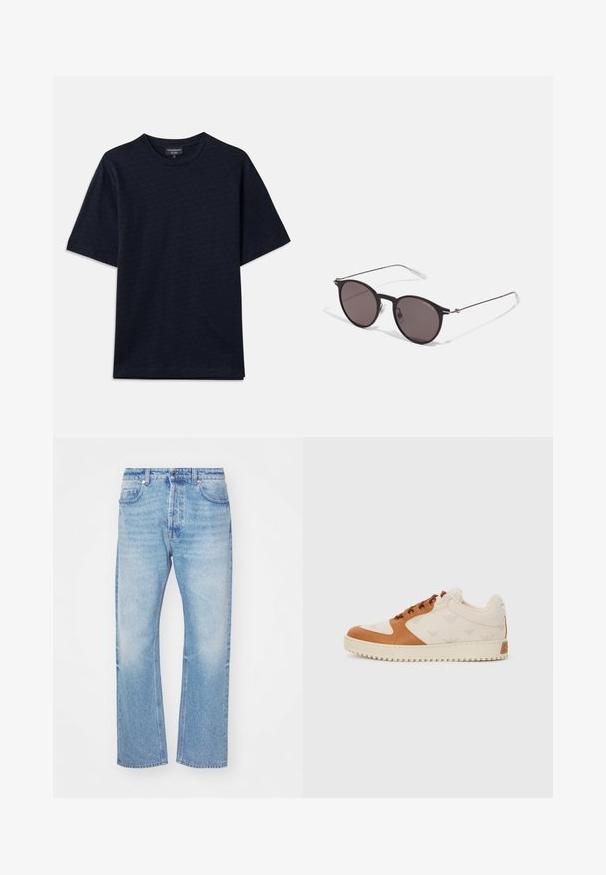 Námořnická modrá tričko s texturovaným vzorem, kulatým výstřihem a krátkými rukávy. Subtilní logo na hrudi, vyrobeno z měkké bavlněné látky.; Světle modré denimové džíny se středně širokým střihem. Mají jemné vyblečení, zapínání na knoflík a styl s pěti kapsami, spolu s klasickým pasem.; Tenisky mají světle béžový plátěný svršek se hnědými koženými akcenty, kulatou špičku, šněrování v přední části, texturovanou podrážku a jemný vzor loga.; Černé kulaté sluneční brýle s tmavými skly a tenkými kovovými nohami. Obsahují průhledné koncovky nožiček a stříbrné akcenty na pantu. Minimalistický design.