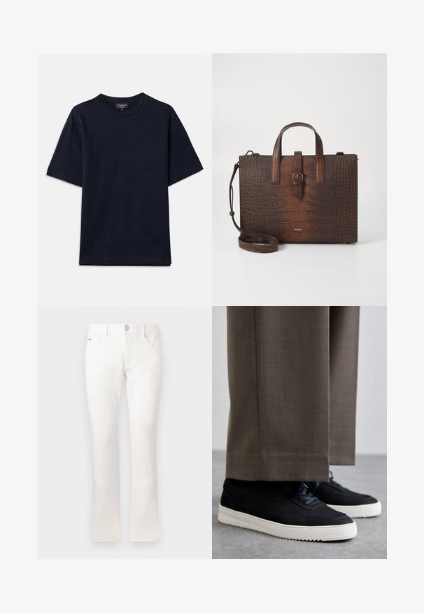 Tamsiai mėlyna marškinėliai su tekstūruotu raštu, apvaliu iškirpimu ir trumpomis rankovėmis. Diskretiškas logotipo detalė krūtinėje, pagaminti iš minkštos medvilnės audinio.; Balti džinsai su lieknu kirpimu, pagaminti iš medvilnės audinio. Turi penkis kišenes, metalinį mygtuko uždarymą ir subtilius siuvimo akcentus.; Juodi zomšiniai sportbačiai su baltais guminiais padais, su apvalia nosimi ir raišteliais, dėvimi su pilkais pritaikytais kelnais.; Rudos krokodilo rašto odos rankinė su viršutinėmis rankenomis ir nuimamu peties dirželiu. Yra sagties užsegimas ir stačiakampis pavidalas.