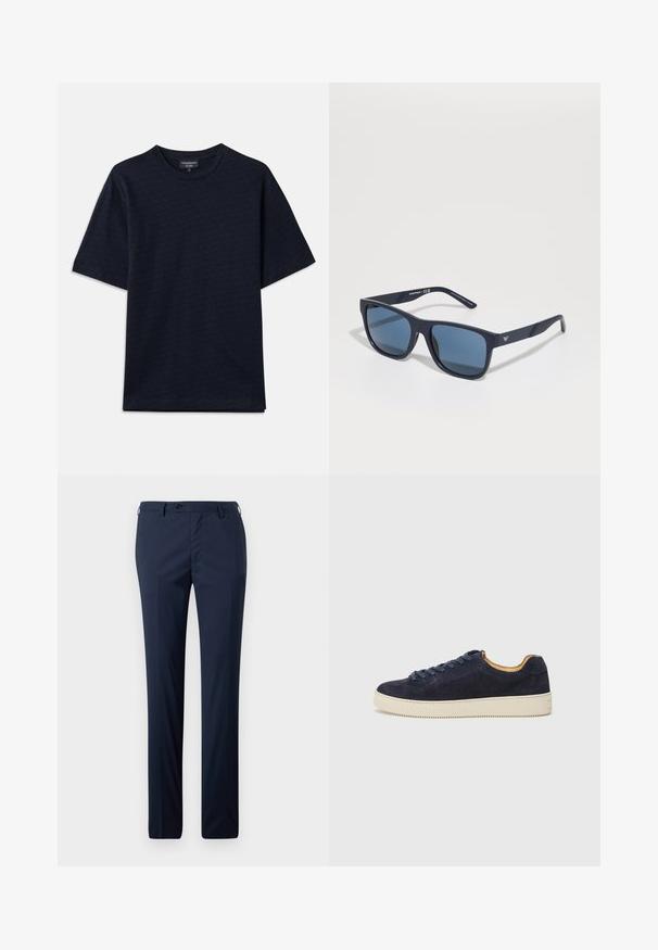 Temno modra majica s strukturiranim vzorcem, okroglo izrezanimi vratnimi odprtinami in kratkimi rokavi. Diskretna podrobnost logotipa na prsih, izdelana iz mehkega bombažnega blaga.; Morske obleke hlače ravnega kroja, z gladko teksturo, z enim gumbom za zapiranje in zankami za pas za prilagojen fit.; Morske suede nizke tenisice z zaobljenim nosom, off-white gumijastim podplatom in usklajenimi vezalkami; imajo kontrastno rjavo notranje podložitev.; Modre pravokotne sončna očala s temnimi lečami, mat mornarsko okvirjem, logotipom na ušesni strani, ravnimi kraki in trdno, gladko teksturo.