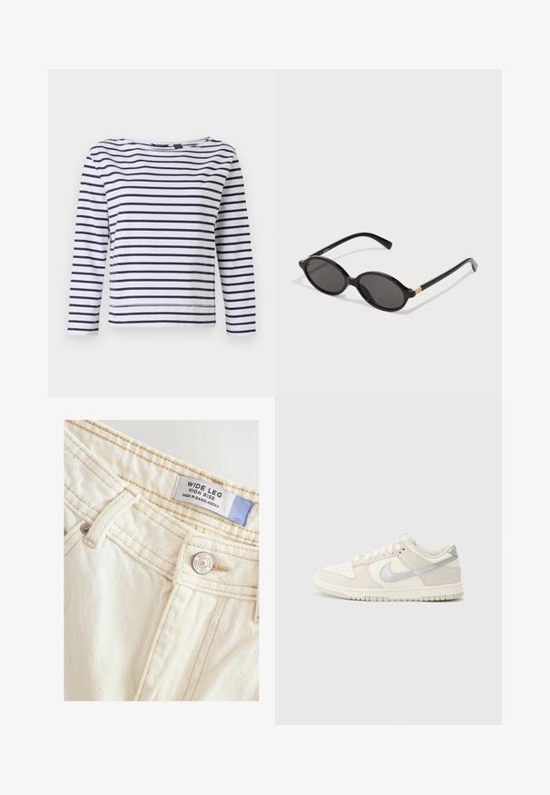 Pruhované dlouhé rukávy tričko v bílé a námořnické modři, s lodní výstřihem a volným střihem. Vyrobeno z měkké bavlněné látky s prošitými lemy.; Široké, vysoké džíny z měkké, krémově bílé látky. Mají prošité švy a kovový knoflík s detaily značky a štítkem.; Nízké tenisky v barvě slonové kosti z kůže a semišu, se stříbrným logem Swoosh, perforovanou špičkou a strukturovanou gumovou podrážkou.; Černé oválné sluneční brýle s tmavými skly, lesklým plastovým rámem a zlatými akcenty na stranicích.; Černá kožená kabelka se strukturovaným designem, dvojitými horními uchy a odnímatelným ramenním popruhem. Má texturovaný povrch a kovové detaily.