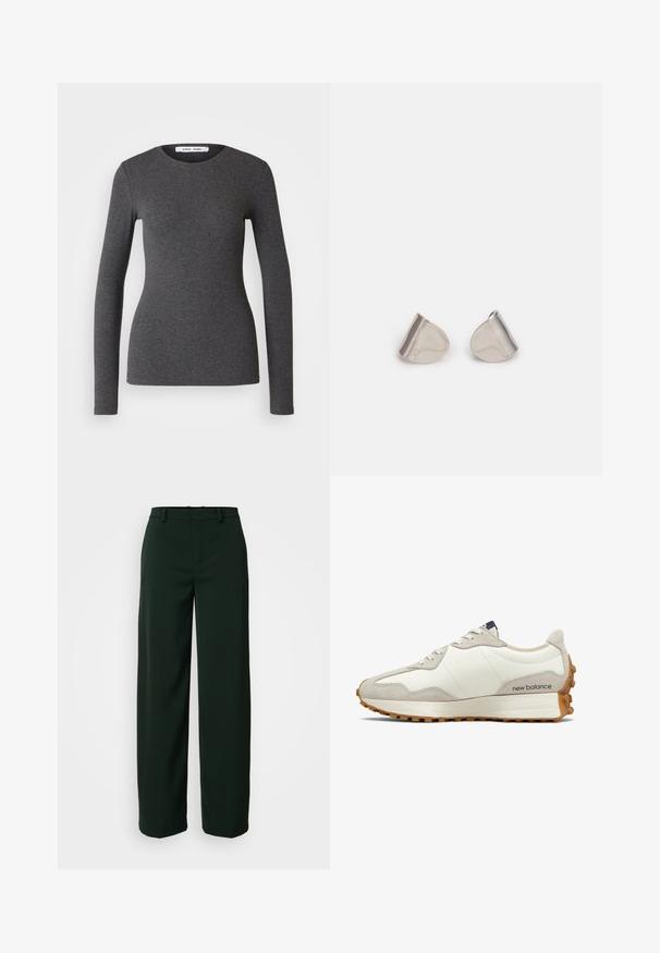 Długi rękaw, okrągły dekolt w ciemnoszarym kolorze, wykonany z prążkowanej tkaniny o dopasowanym kroju, z gładką teksturą i minimalnymi detalami.; DRYKORN - Spodnie materiałowe; Białe i beżowe sneakersy z gładkiej skórzanej cholewki, zamszowymi akcentami, zaokrąglonym noskiem i teksturowaną gumową podeszwą. Nazwa marki nadrukowana na boku.; Srebrne metalowe kolczyki o gładkim, kroplowym kształcie i wypolerowanym wykończeniu. Delikatne grawerunki dodają szczegółów. Minimalistyczny design.