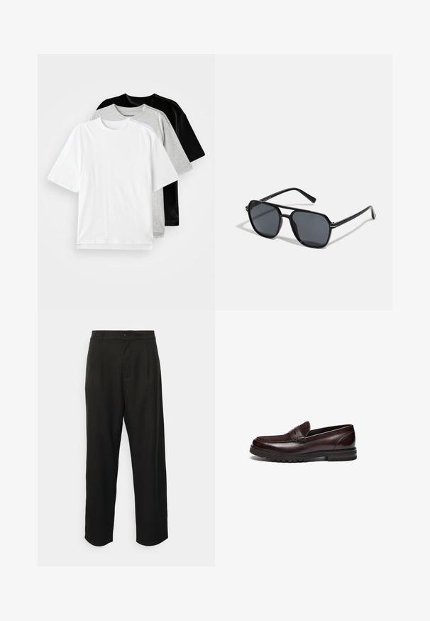 Kaks lühikeste varrukatega T-särki valges, hallis ja mustas värvitoonis. Igal särgil on klassikaline ümar kaelus ja sile, puuvillane tekstuur.; Mustad kohandatud püksid, mis on valmistatud siledast kangast, sirge jala disainiga, ees voldidega ja ühe nupuga kinnitamisel.; Pruunist nahast loafersid, millel on siidist aktsent, ümmargune varvas ja tekstureeritud kummitald. Omab õmmeldud detaile ja kerget kontsa.; Mustad mustad prillid oktaalpäistega, tumedad läätsed, läikiv viimistlus, õhukesed templid ja kuldsed aktsendid ees.; Casio ristkülikukujuline kell valge näo, kuldsete aktsentidega, rooma numbritega ja pruunist krokodillimustriga nahkrihmaga. Veekindel disain.