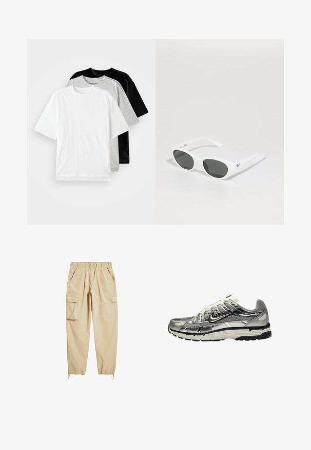 Tri kratke majice s kratkim rukavima u bijeloj, sivoj i crnoj boji. Svaka ima klasičan okrugli izrez i glatku, pamuk sličnu teksturu.; Bež cargo hlače napravljene od laganog materijala, sa elastičnom strukom, bočnim džepovima i dugmadom na gležnju. Sadrže otisnuti tekst.; Srebrno-crna atletska cipela s gornjim dijelom od mrežice i sintetičkog materijala, voluminoznog dizajna i teksturirane završne obrade. Ima podstavljen ovratnik i gumu potplat.; Bijele sunčane naočale s okruglim okvirima i tamnim lećama. Imaju glatku plastičnu teksturu i mali logotip na ručki.