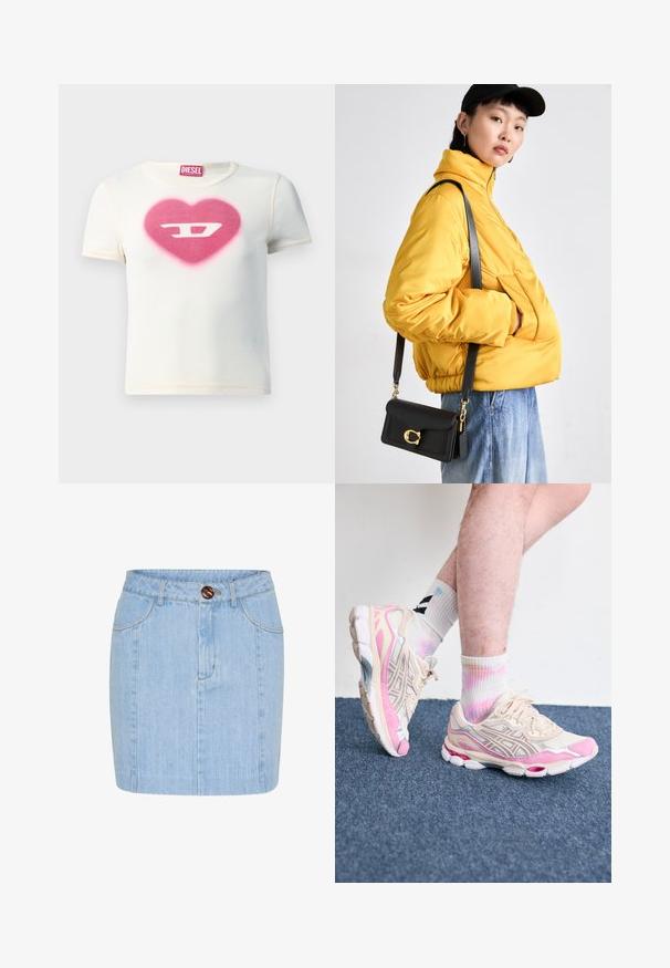 Valkoinen lyhythihainen t-paita, jossa on vaaleanpunainen sydämendesign kirjaimella "D" keskellä. Paita on valmistettu ribbikankaasta, jossa on kontrastiväri saumoissa.; Vaaleansininen farkuhame, suora malli, näkyvät sauman yksityiskohdat ja ruskea nappi vyötäröllä. Keskireiteen pituinen.; Beige ja roosa urheilulenkkarit hopeisilla yksityiskohdilla, verkkohuput ja paksu pohja. Yhdistetty värikkäisiin, solmittuihin sukkiin.; Keltainen pehmustettu takki korkean kauluksen ja etutaskun kanssa, yhdistettynä mustaan olkalaukkuun, jossa on kultaiset yksityiskohdat. Rentouttavat farkut.