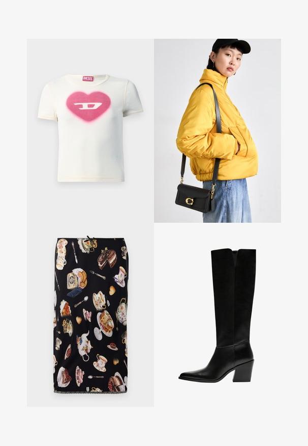 Fehér rövidujjú póló, melyen egy rózsaszín szívmotívum található, közepén a "D" betűvel, bordás anyagból készült, kontrasztos varrásokkal.; Fekete szoknya teáscsészék, torták és péksütemények mintájával, részletes illusztrációkkal és dekoratív csipke szegéllyel.; Fekete, térd fölé érő csizma sima bőrből, hegyes orral, tömbsarkával és V-alakú kivágással a tetején.; Sárga steppelt kabát magas gallérral és elülső zsebbel, fekete keresztpántos táskával, arany kiegészítőkkel. Kényelmes farmer alsó.