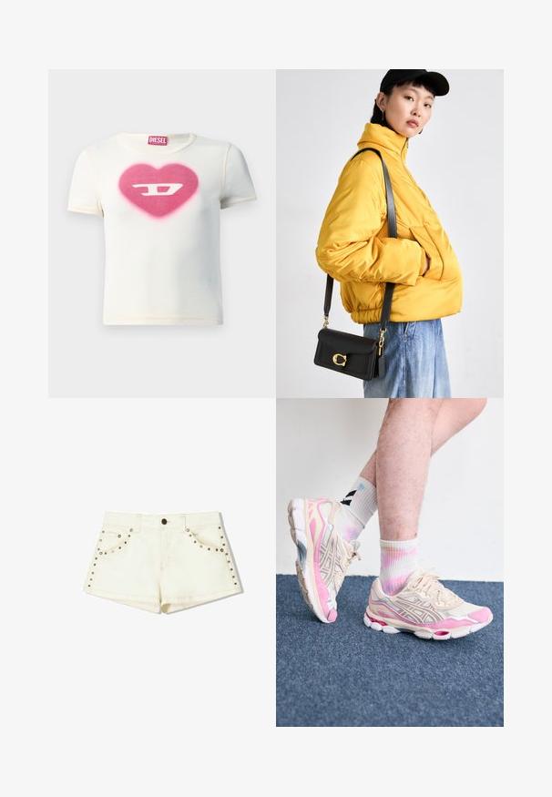 Vitt kortärmat t-shirt med en rosa hjärtdesign med bokstaven "D" i mitten, tillverkat av ribbad tyg med kontrasterande sömmar.; Bershka Shorts - white; Beige och rosa atletiska sneakers med silverfärgade detaljer, nätöverdrag och en tjock sula. Bärs med färgglada, tie-dye-strumpor.; Gul vadderad jacka med hög krage och framficka, ihop med en svart crossbody-väska med gulddetaljer. Avslappnade denimbyxor.