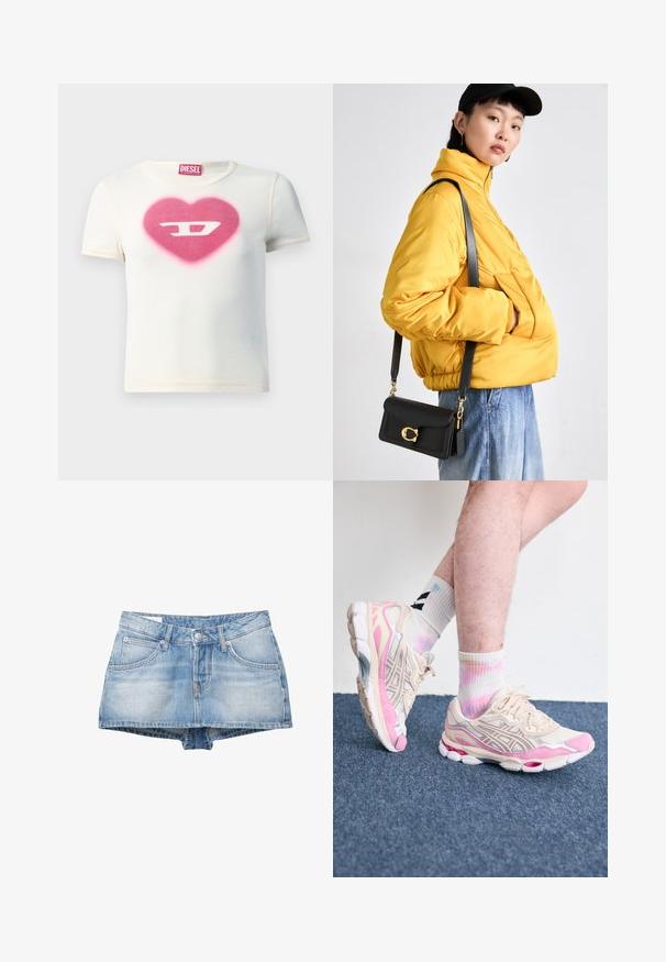 Bela kratka majica s kratkimi rokavi, ki ima rožnato srce z napisano črko "D" na sredini, izdelana iz rebraste tkanine z kontrastnimi šivi.; Denim kratke hlače v svetlo modri barvi z izrabljenim videzom. Imajo pet žepov in sprednje zapiranje na gumb. Klasičen kroj s ravnim robom.; Bež in roza športni copati s srebrnimi detajli, mrežnimi prekrivali in debelim podplatom. Obuti s pisanimi, tie-dye nogavicami.; Rumena oblazinjena jakna z visokim ovratnikom in sprednjim žepom, v kombinaciji s črno torbico čez ramo z zlatimi dodatki. Priložnostni denim hlače.